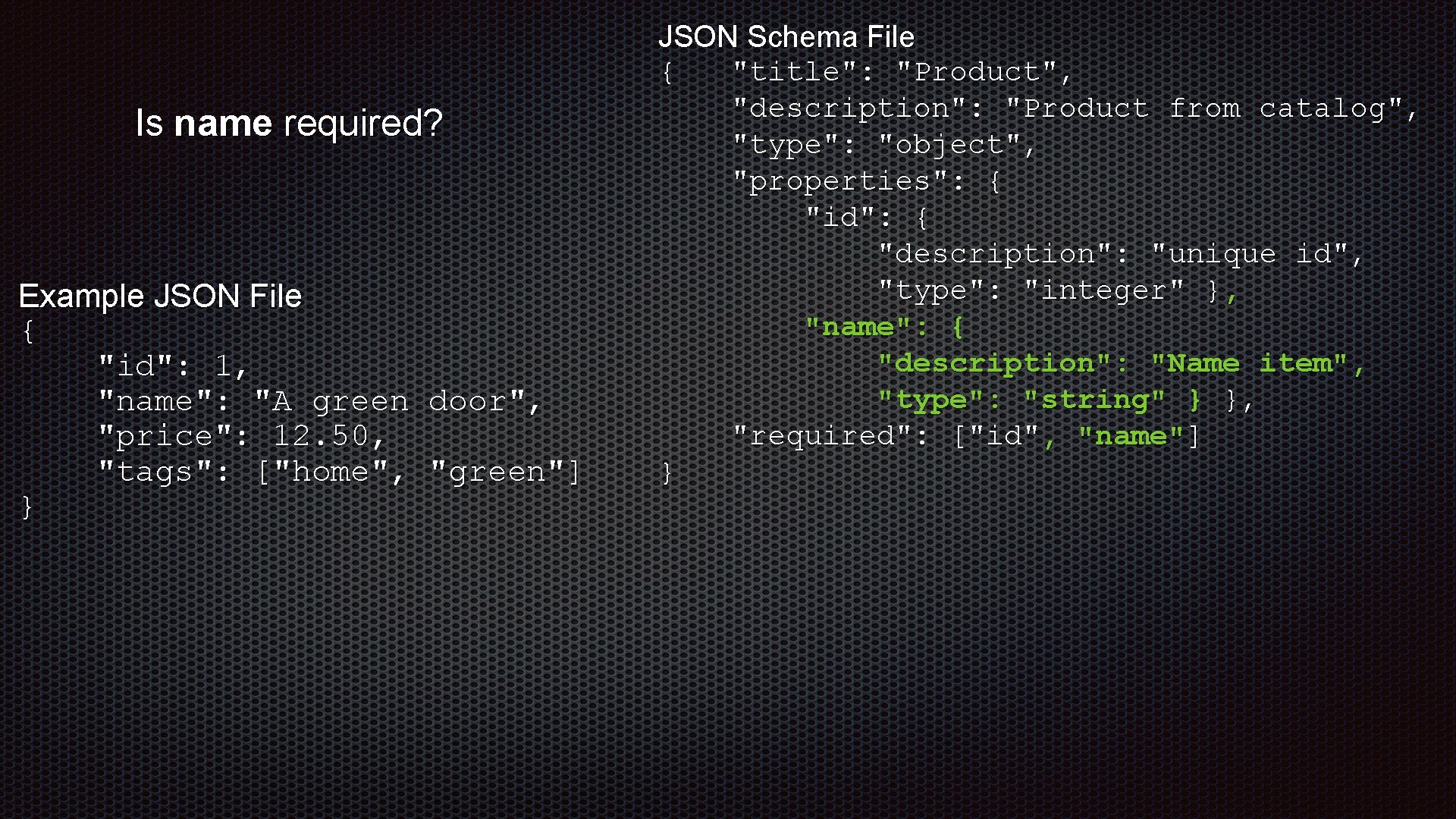 Is name required? Example JSON File { "id": 1, "name": "A green door", "price": Is name required? Example JSON File { "id": 1, "name": "A green door", "price":