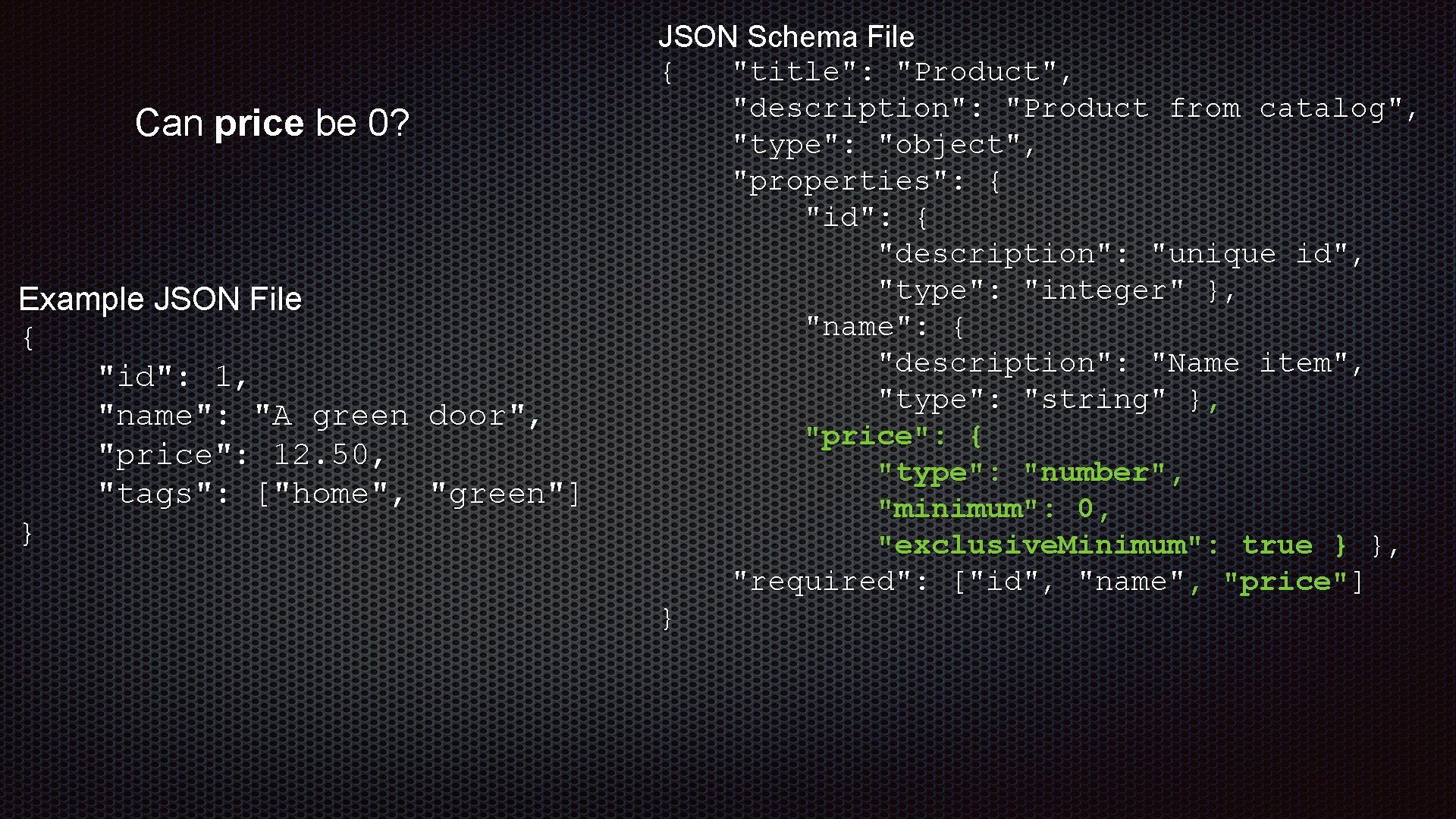 Can price be 0? Example JSON File { "id": 1, "name": "A green door", Can price be 0? Example JSON File { "id": 1, "name": "A green door",