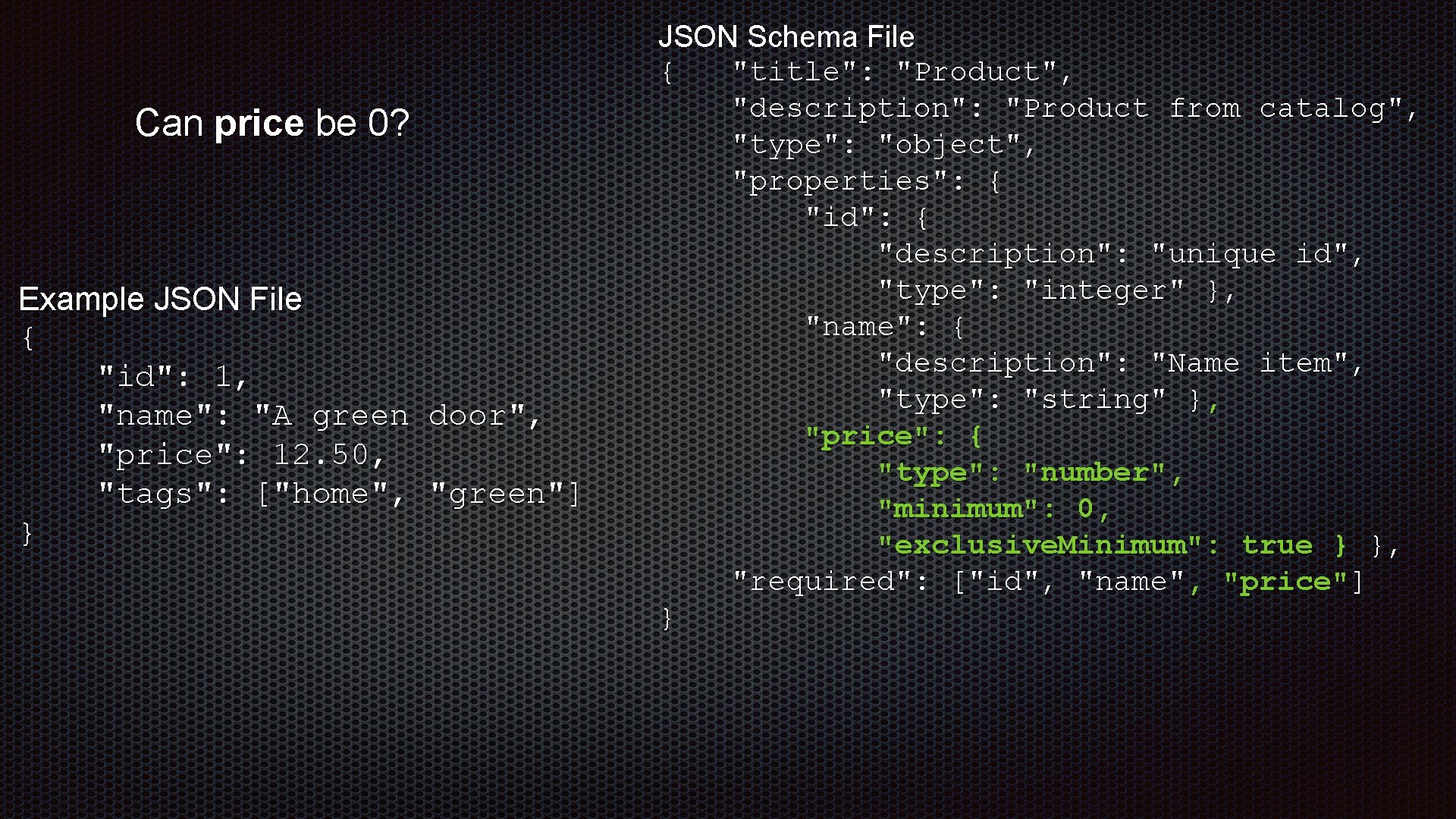 Can price be 0? Example JSON File { "id": 1, "name": "A green door",