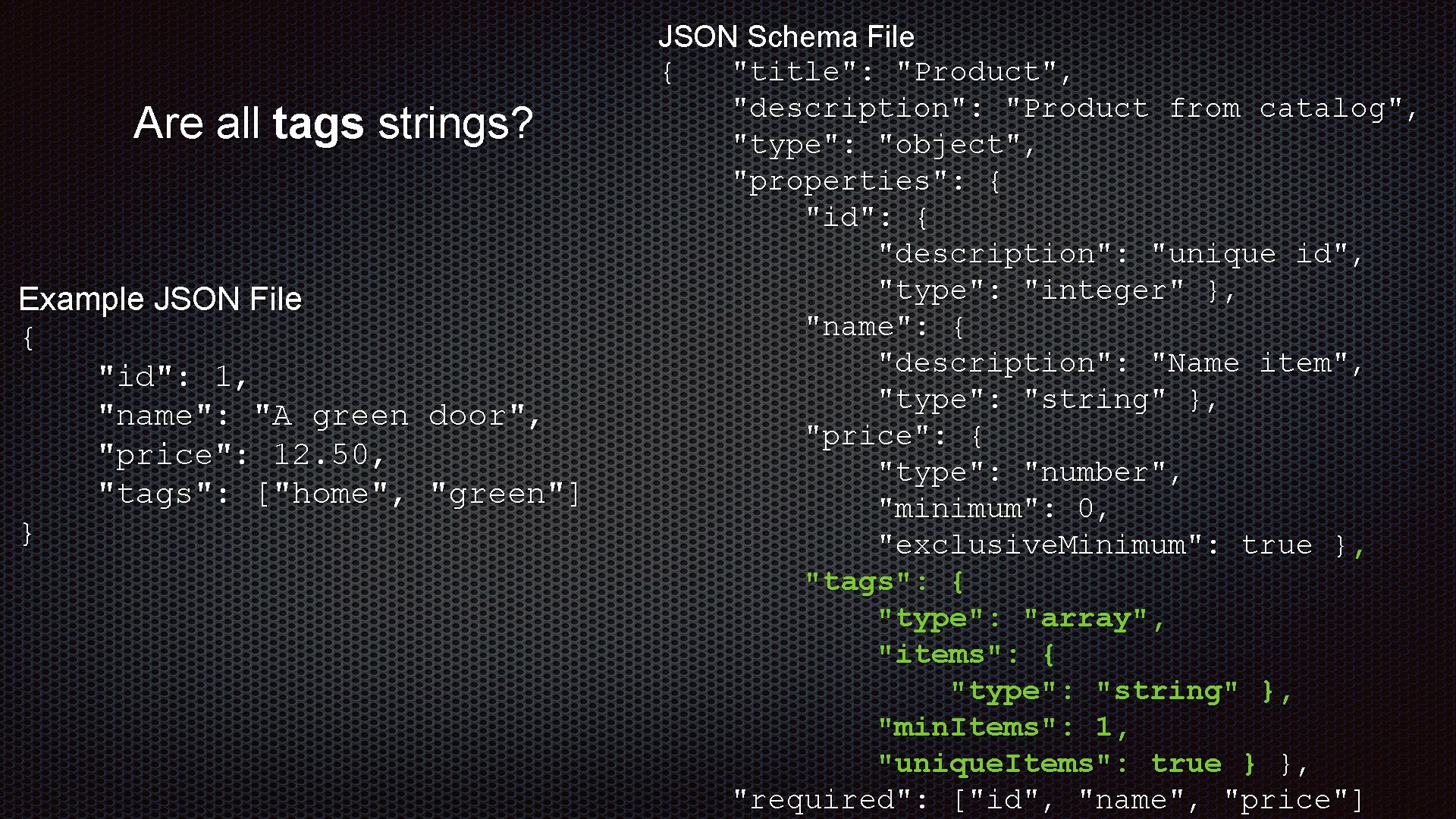 Are all tags strings? Example JSON File { "id": 1, "name": "A green door", Are all tags strings? Example JSON File { "id": 1, "name": "A green door",