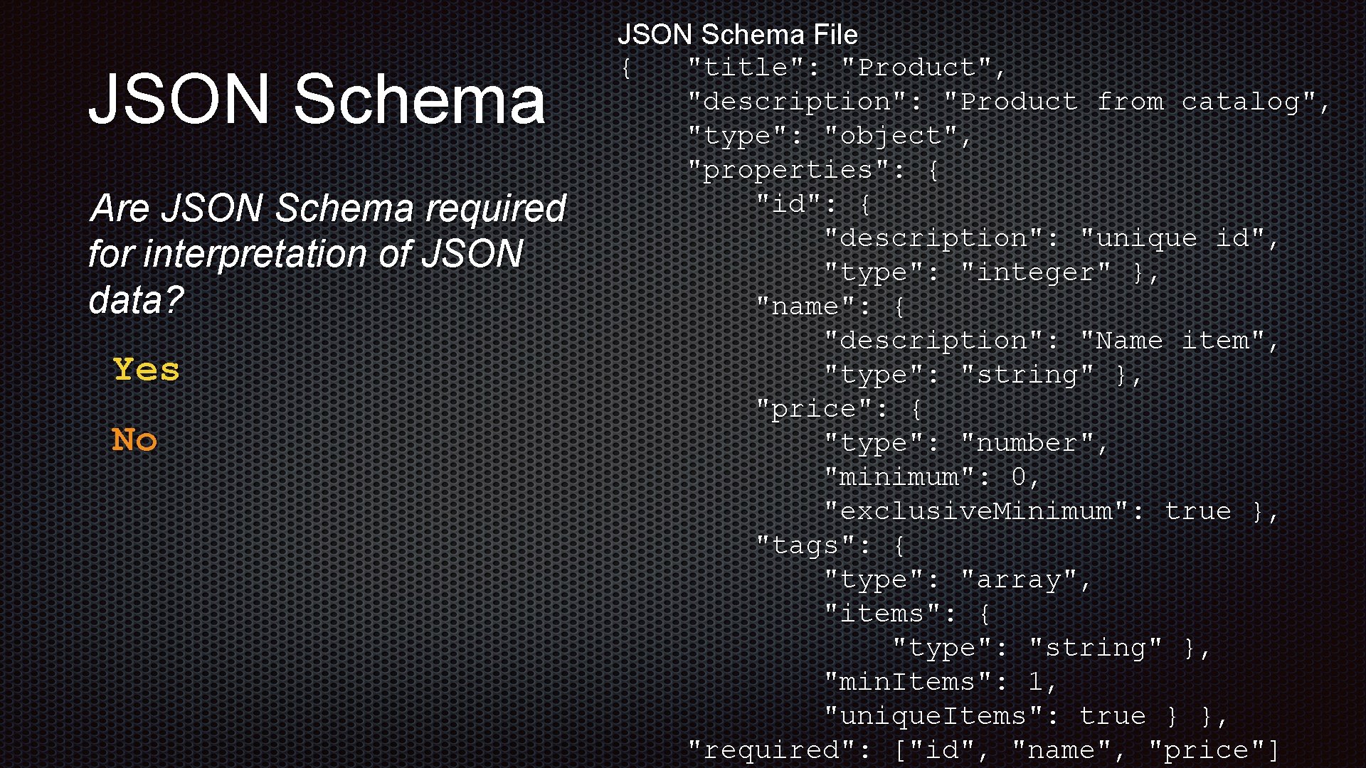 JSON Schema Are JSON Schema required for interpretation of JSON data? Yes No JSON