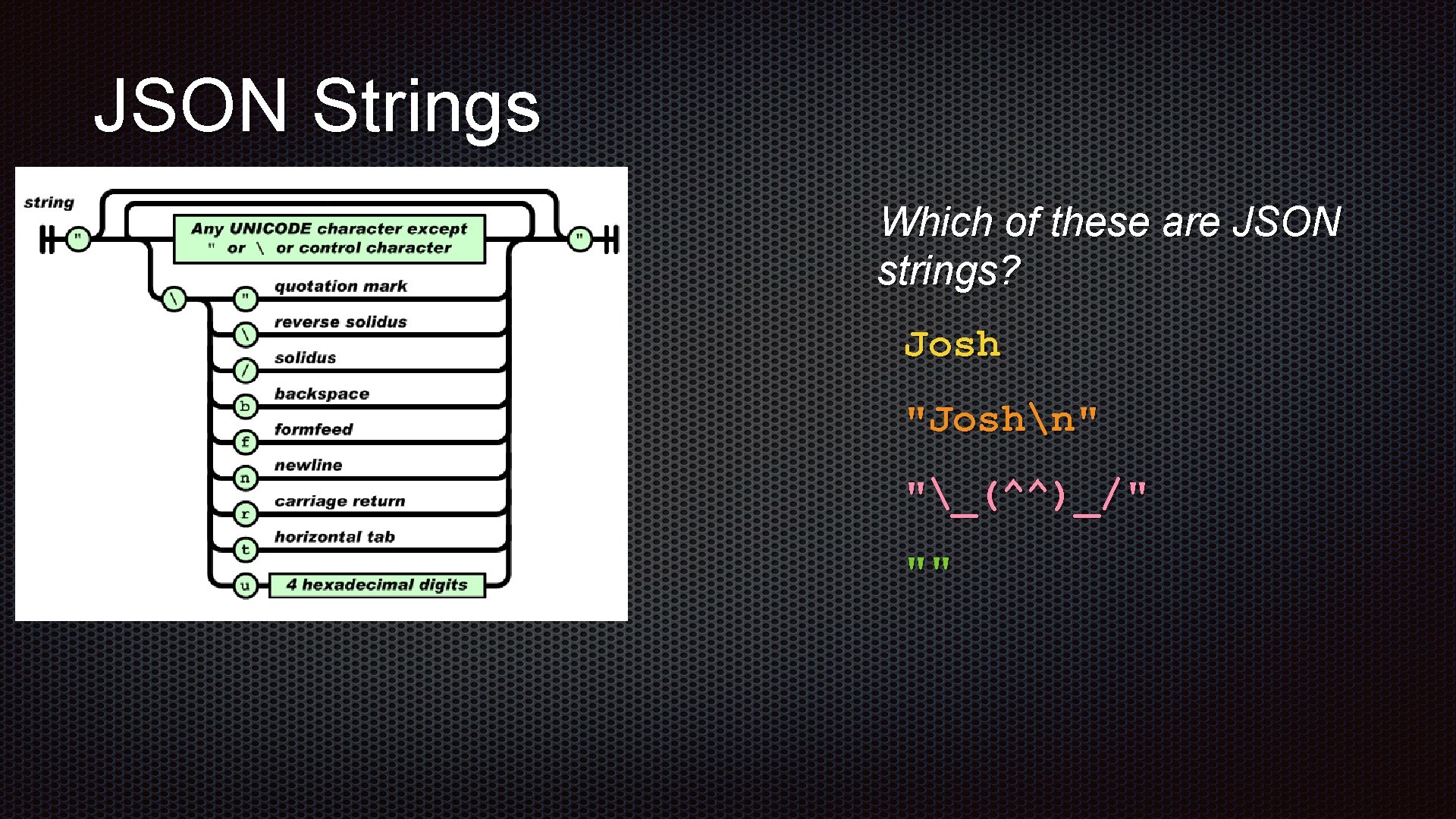 JSON Strings Which of these are JSON strings? Josh "Joshn" "_(^^)_/" "" JSON Strings Which of these are JSON strings? Josh "Joshn" "_(^^)_/" ""