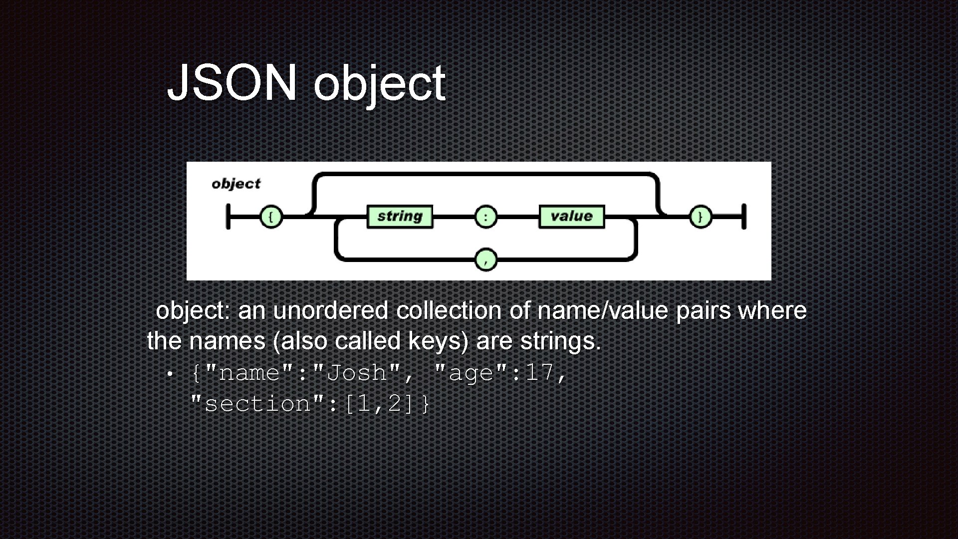 JSON object: an unordered collection of name/value pairs where the names (also called keys)