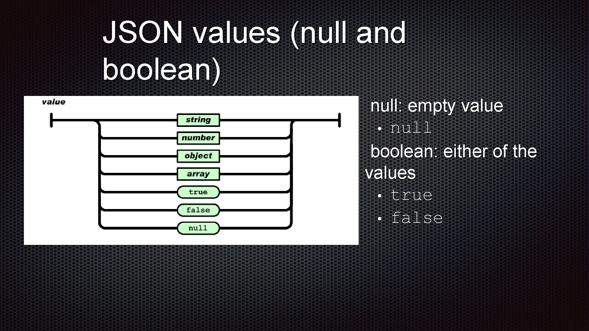 JSON values (null and boolean) null: empty value • null boolean: either of the