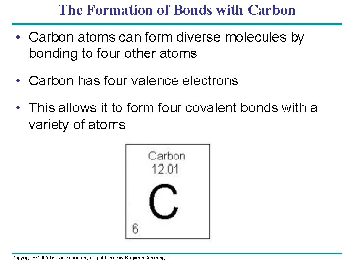 The Formation of Bonds with Carbon • Carbon atoms can form diverse molecules by