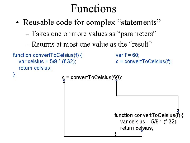 Functions • Reusable code for complex “statements” – Takes one or more values as