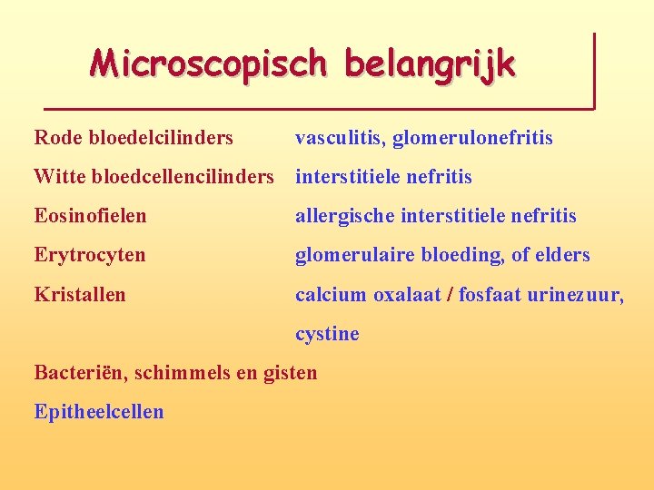 Microscopisch belangrijk Rode bloedelcilinders vasculitis, glomerulonefritis Witte bloedcellencilinders interstitiele nefritis Eosinofielen allergische interstitiele nefritis