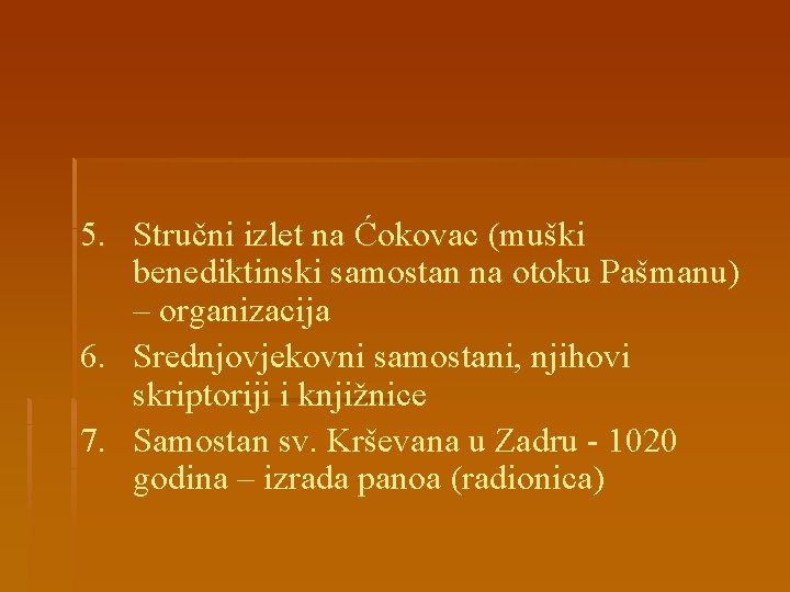 5. Stručni izlet na Ćokovac (muški benediktinski samostan na otoku Pašmanu) – organizacija 6.