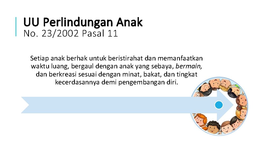 UU Perlindungan Anak No. 23/2002 Pasal 11 Setiap anak berhak untuk beristirahat dan memanfaatkan