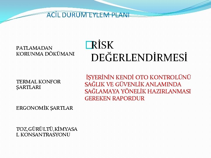 ACİL DURUM EYLEM PLANI PATLAMADAN KORUNMA DÖKÜMANI TERMAL KONFOR ŞARTLARI ERGONOMİK ŞARTLAR TOZ, GÜRÜLTÜ,