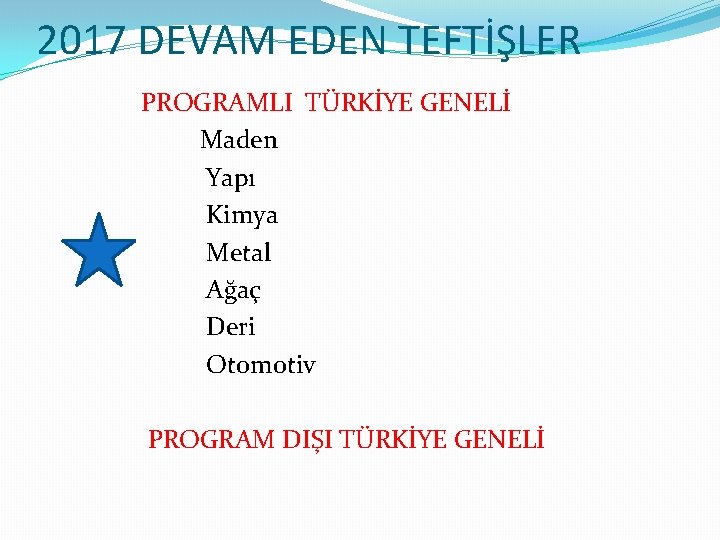 2017 DEVAM EDEN TEFTİŞLER PROGRAMLI TÜRKİYE GENELİ Maden Yapı Kimya Metal Ağaç Deri Otomotiv