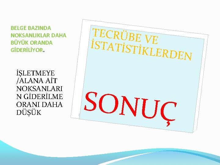 BELGE BAZINDA NOKSANLIKLAR DAHA BÜYÜK ORANDA GİDERİLİYOR. İŞLETMEYE /ALANA AİT NOKSANLARI N GİDERİLME ORANI