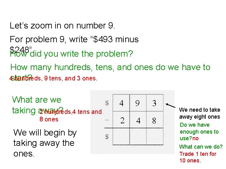 Let’s zoom in on number 9. For problem 9, write “$493 minus $248” How