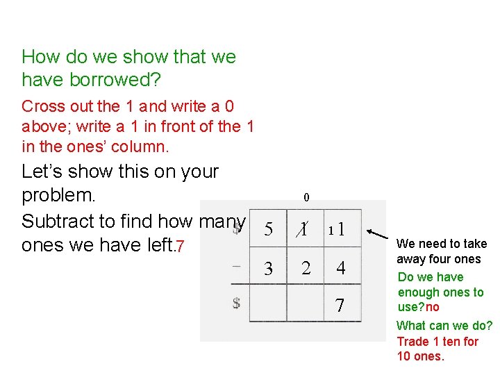 How do we show that we have borrowed? Cross out the 1 and write