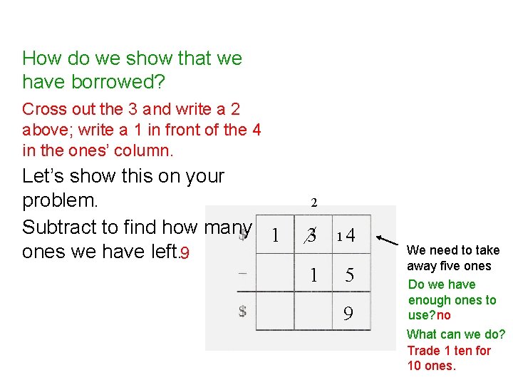 How do we show that we have borrowed? Cross out the 3 and write