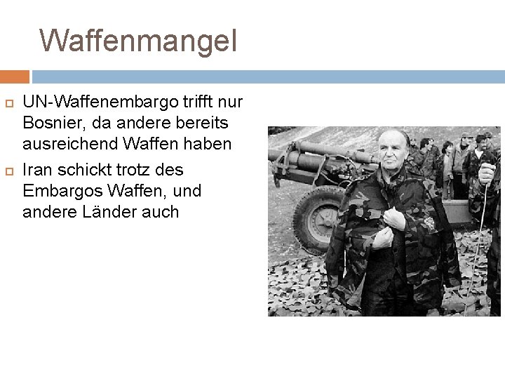 Waffenmangel UN-Waffenembargo trifft nur Bosnier, da andere bereits ausreichend Waffen haben Iran schickt trotz