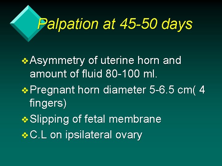 Palpation at 45 -50 days v Asymmetry of uterine horn and amount of fluid