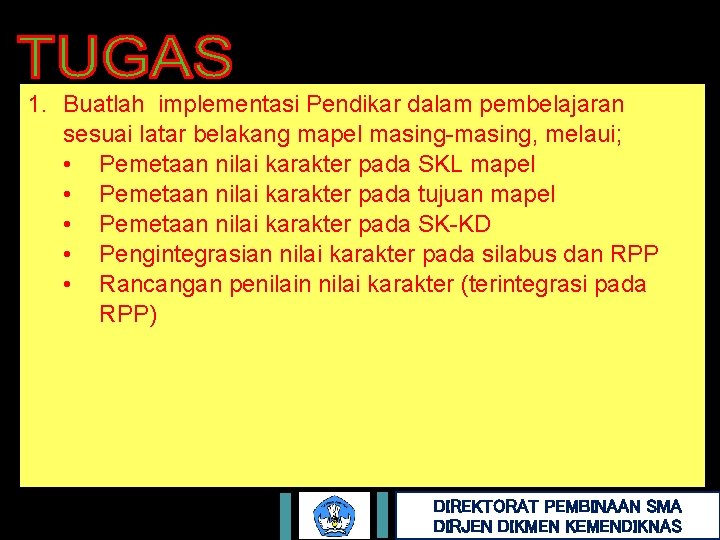 1. Buatlah implementasi Pendikar dalam pembelajaran sesuai latar belakang mapel masing-masing, melaui; • Pemetaan