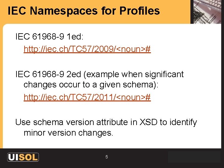 IEC Namespaces for Profiles IEC 61968 -9 1 ed: http: //iec. ch/TC 57/2009/<noun># IEC