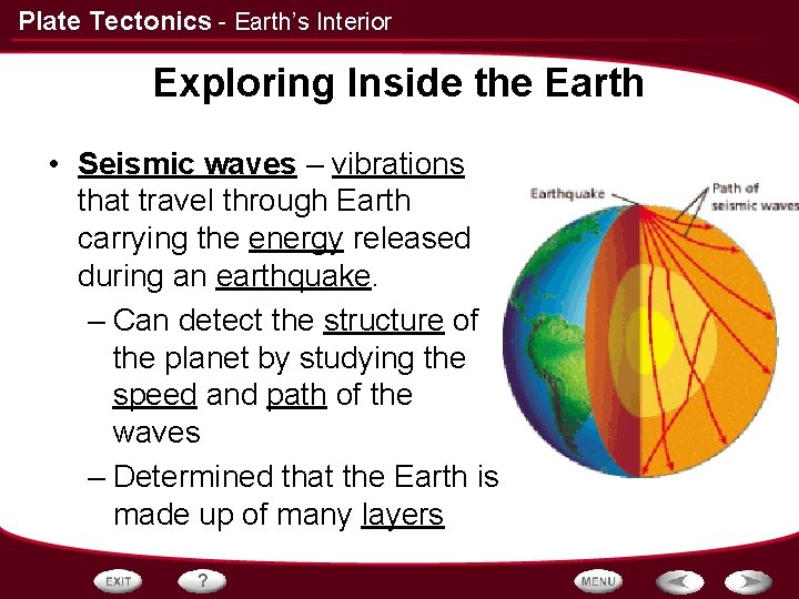 Plate Tectonics - Earth’s Interior Exploring Inside the Earth • Seismic waves – vibrations