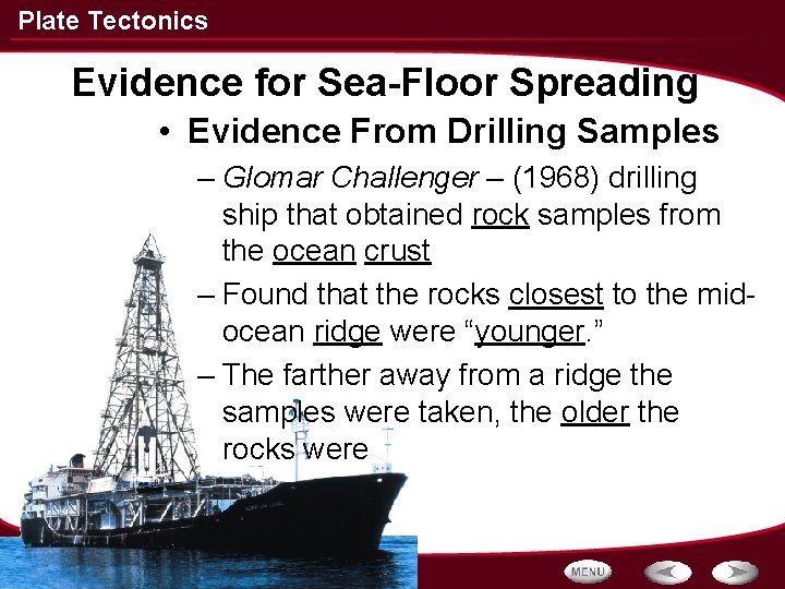 Plate Tectonics Evidence for Sea-Floor Spreading • Evidence From Drilling Samples – Glomar Challenger