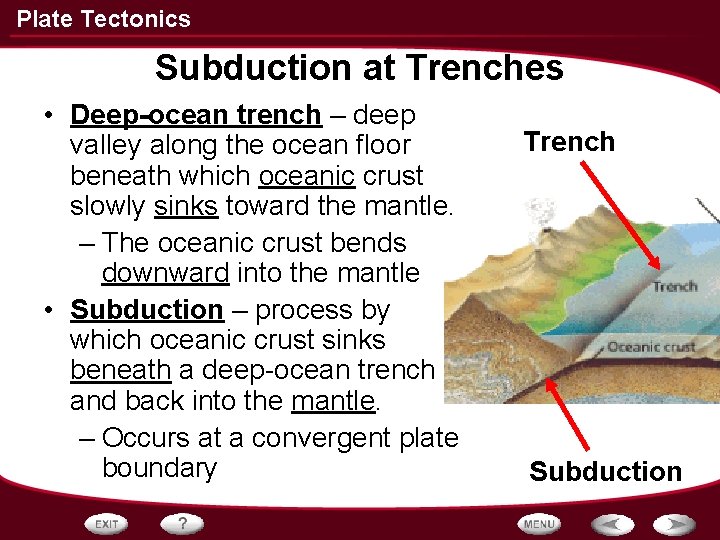 Plate Tectonics Subduction at Trenches • Deep-ocean trench – deep valley along the ocean