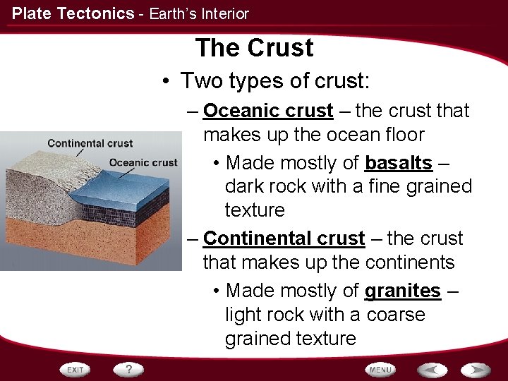 Plate Tectonics - Earth’s Interior The Crust • Two types of crust: – Oceanic