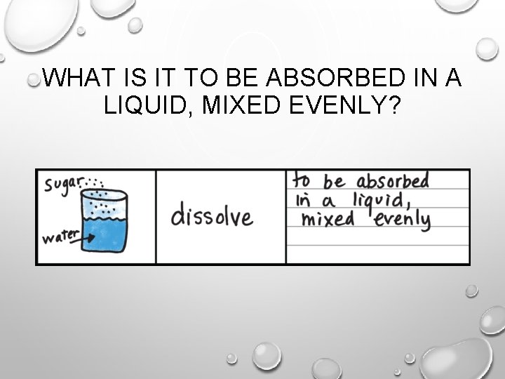 WHAT IS IT TO BE ABSORBED IN A LIQUID, MIXED EVENLY? 
