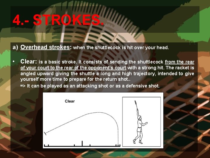 4. - STROKES. a) Overhead strokes: when the shuttlecock is hit over your head. 4. - STROKES. a) Overhead strokes: when the shuttlecock is hit over your head.