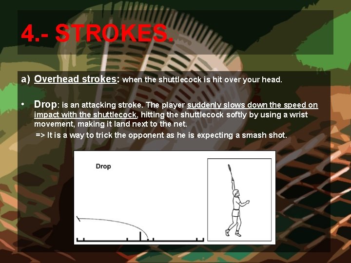 4. - STROKES. a) Overhead strokes: when the shuttlecock is hit over your head. 4. - STROKES. a) Overhead strokes: when the shuttlecock is hit over your head.