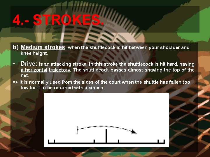 4. - STROKES. b) Medium strokes: when the shuttlecock is hit between your shoulder 4. - STROKES. b) Medium strokes: when the shuttlecock is hit between your shoulder