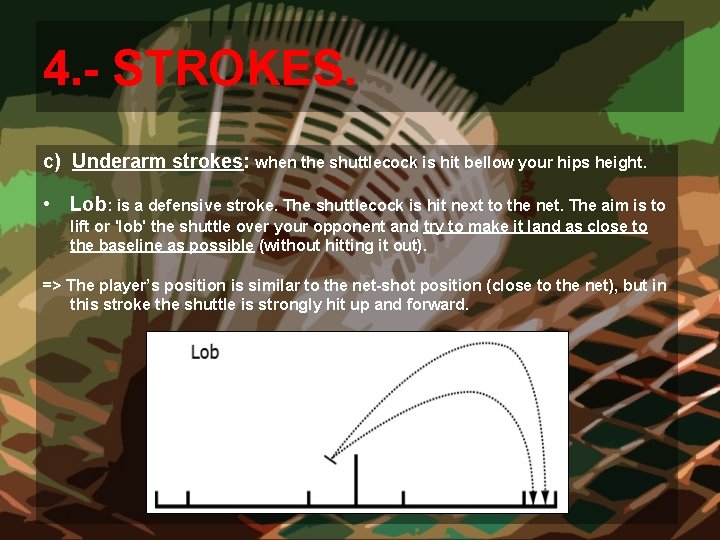 4. - STROKES. c) Underarm strokes: when the shuttlecock is hit bellow your hips 4. - STROKES. c) Underarm strokes: when the shuttlecock is hit bellow your hips