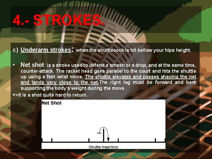 4. - STROKES. c) Underarm strokes: when the shuttlecock is hit bellow your hips 4. - STROKES. c) Underarm strokes: when the shuttlecock is hit bellow your hips