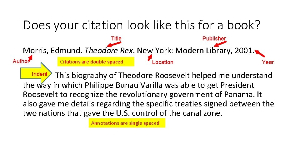 Does your citation look like this for a book? Title Publisher Morris, Edmund. Theodore Does your citation look like this for a book? Title Publisher Morris, Edmund. Theodore