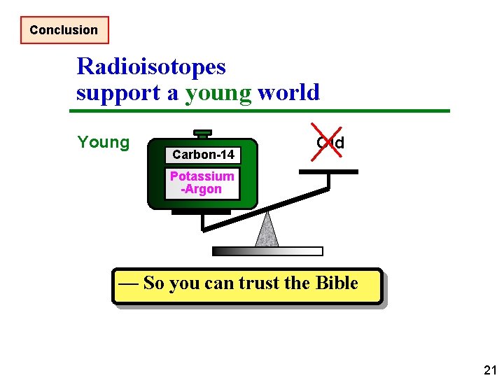 Conclusion Radioisotopes support a young world Young Carbon-14 Old Potassium -Argon — So you