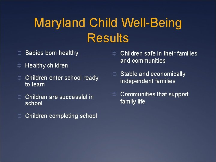Maryland Child Well-Being Results Ü Babies born healthy Ü Healthy children Ü Children enter