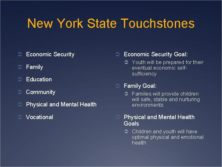 New York State Touchstones Ü Economic Security Ü Family Ü Education Ü Economic Security