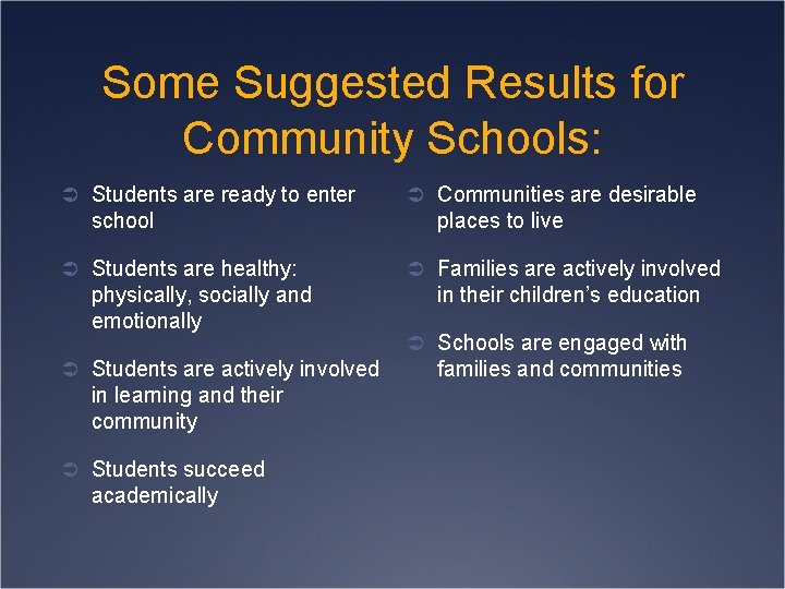 Some Suggested Results for Community Schools: Ü Students are ready to enter school Ü