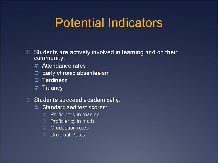 Potential Indicators Ü Students are actively involved in learning and on their community: Ü