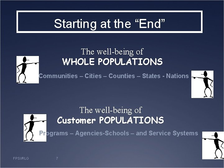 Starting at the “End” The well-being of WHOLE POPULATIONS Communities – Counties – States