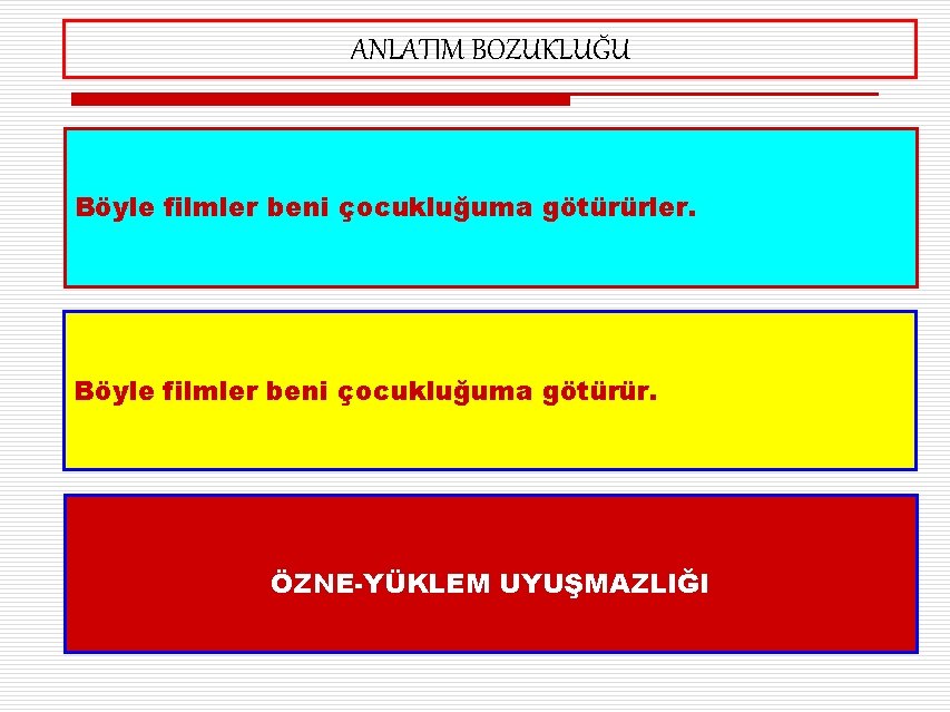 ANLATIM BOZUKLUĞU Böyle filmler beni çocukluğuma götürürler. Böyle filmler beni çocukluğuma götürür. ÖZNE-YÜKLEM UYUŞMAZLIĞI