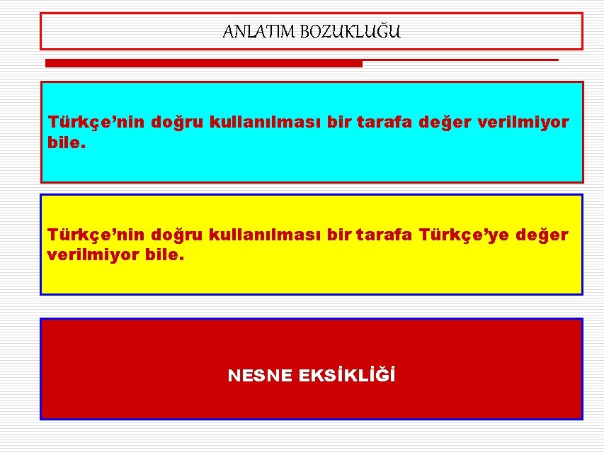 ANLATIM BOZUKLUĞU Türkçe’nin doğru kullanılması bir tarafa değer verilmiyor bile. Türkçe’nin doğru kullanılması bir