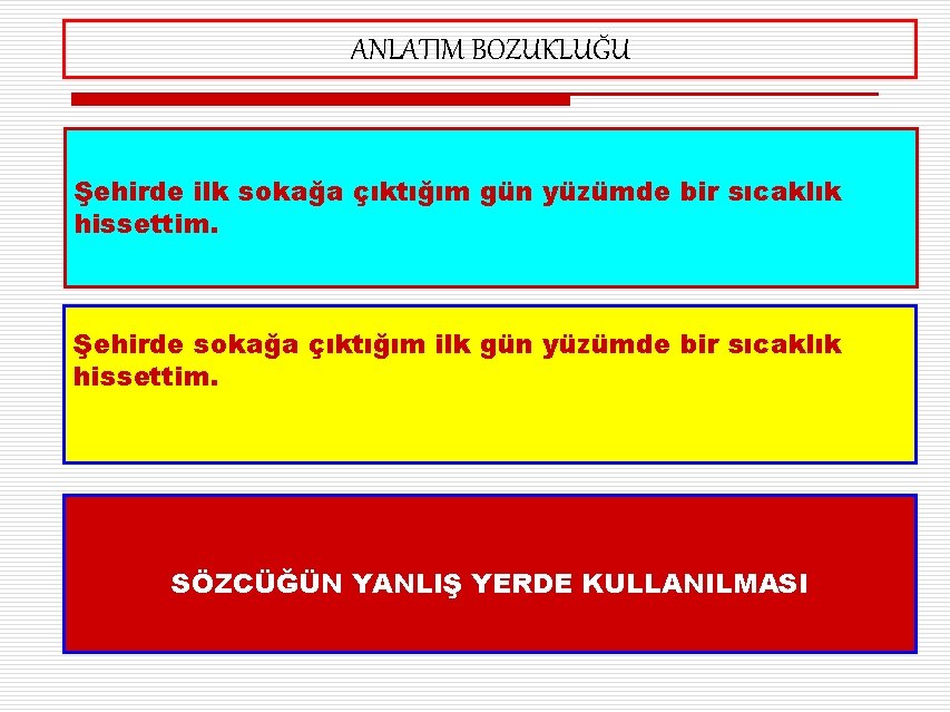 ANLATIM BOZUKLUĞU Şehirde ilk sokağa çıktığım gün yüzümde bir sıcaklık hissettim. Şehirde sokağa çıktığım