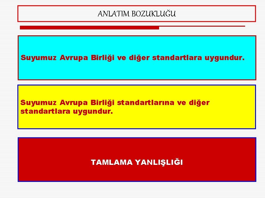 ANLATIM BOZUKLUĞU Suyumuz Avrupa Birliği ve diğer standartlara uygundur. Suyumuz Avrupa Birliği standartlarına ve