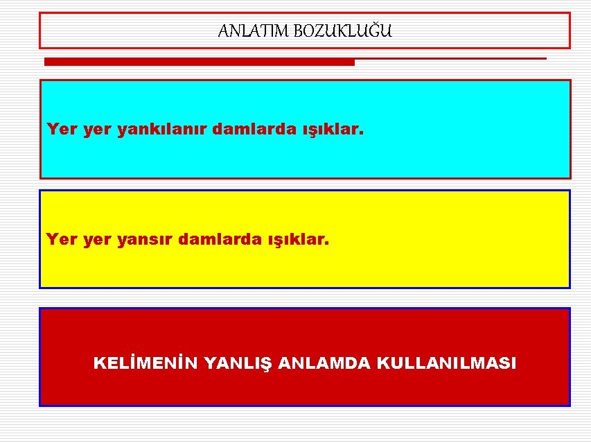 ANLATIM BOZUKLUĞU Yer yankılanır damlarda ışıklar. Yer yansır damlarda ışıklar. KELİMENİN YANLIŞ ANLAMDA KULLANILMASI