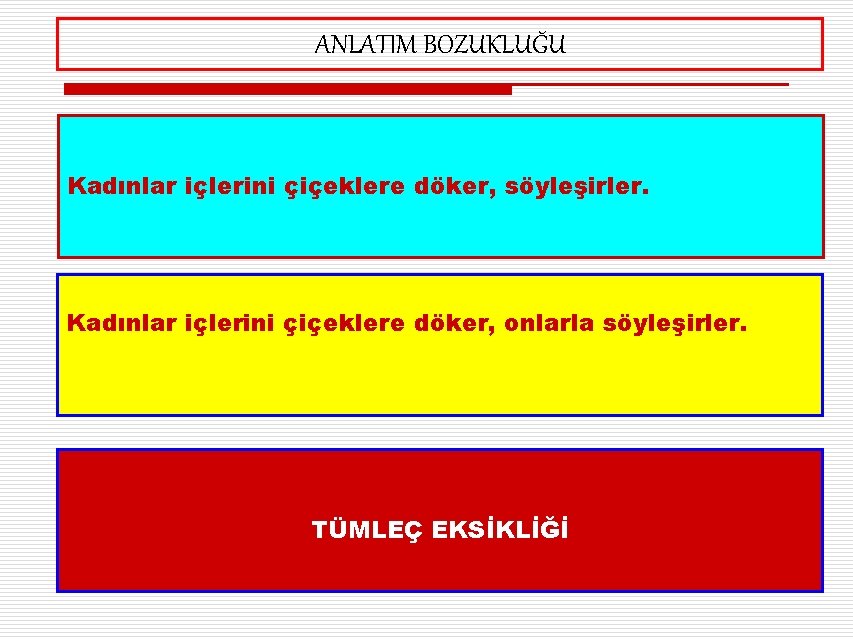 ANLATIM BOZUKLUĞU Kadınlar içlerini çiçeklere döker, söyleşirler. Kadınlar içlerini çiçeklere döker, onlarla söyleşirler. TÜMLEÇ