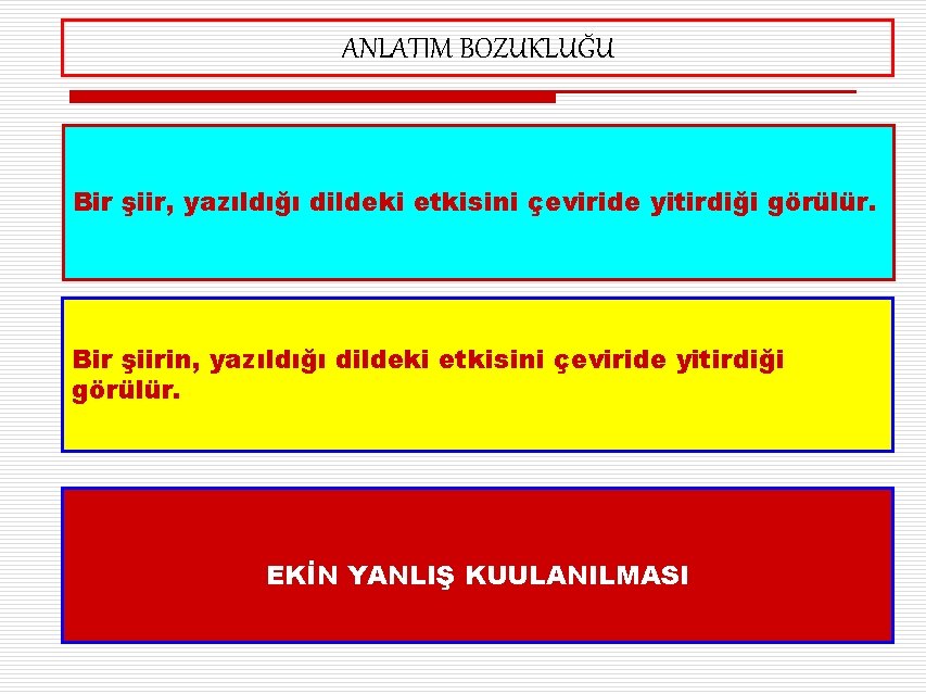 ANLATIM BOZUKLUĞU Bir şiir, yazıldığı dildeki etkisini çeviride yitirdiği görülür. Bir şiirin, yazıldığı dildeki