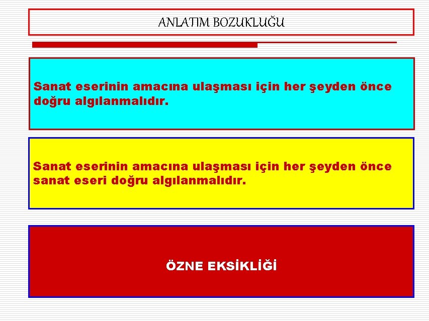 ANLATIM BOZUKLUĞU Sanat eserinin amacına ulaşması için her şeyden önce doğru algılanmalıdır. Sanat eserinin