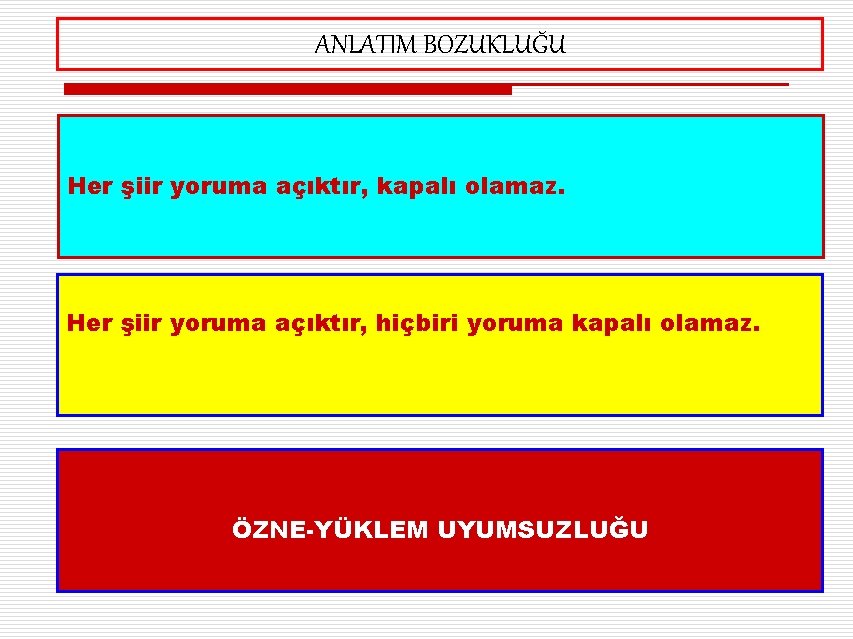 ANLATIM BOZUKLUĞU Her şiir yoruma açıktır, kapalı olamaz. Her şiir yoruma açıktır, hiçbiri yoruma