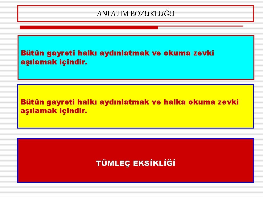 ANLATIM BOZUKLUĞU Bütün gayreti halkı aydınlatmak ve okuma zevki aşılamak içindir. Bütün gayreti halkı